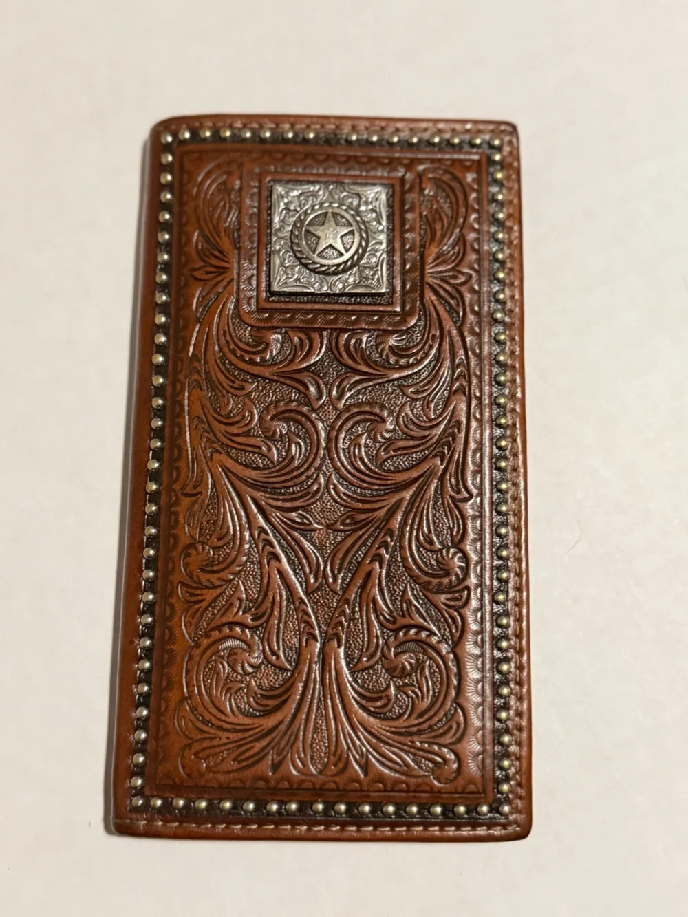 Nocona Genuine Leather Tooled Western Rodeo Wallet Star Concho Brown